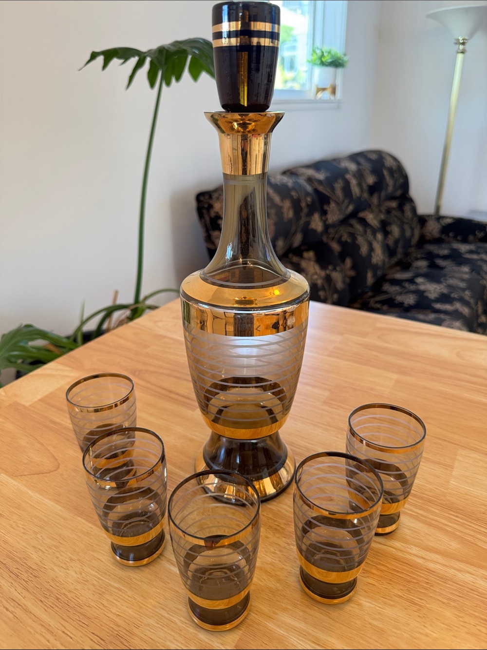 Vintage 1960s Bohemian Czech Amber Gold Decanter Set